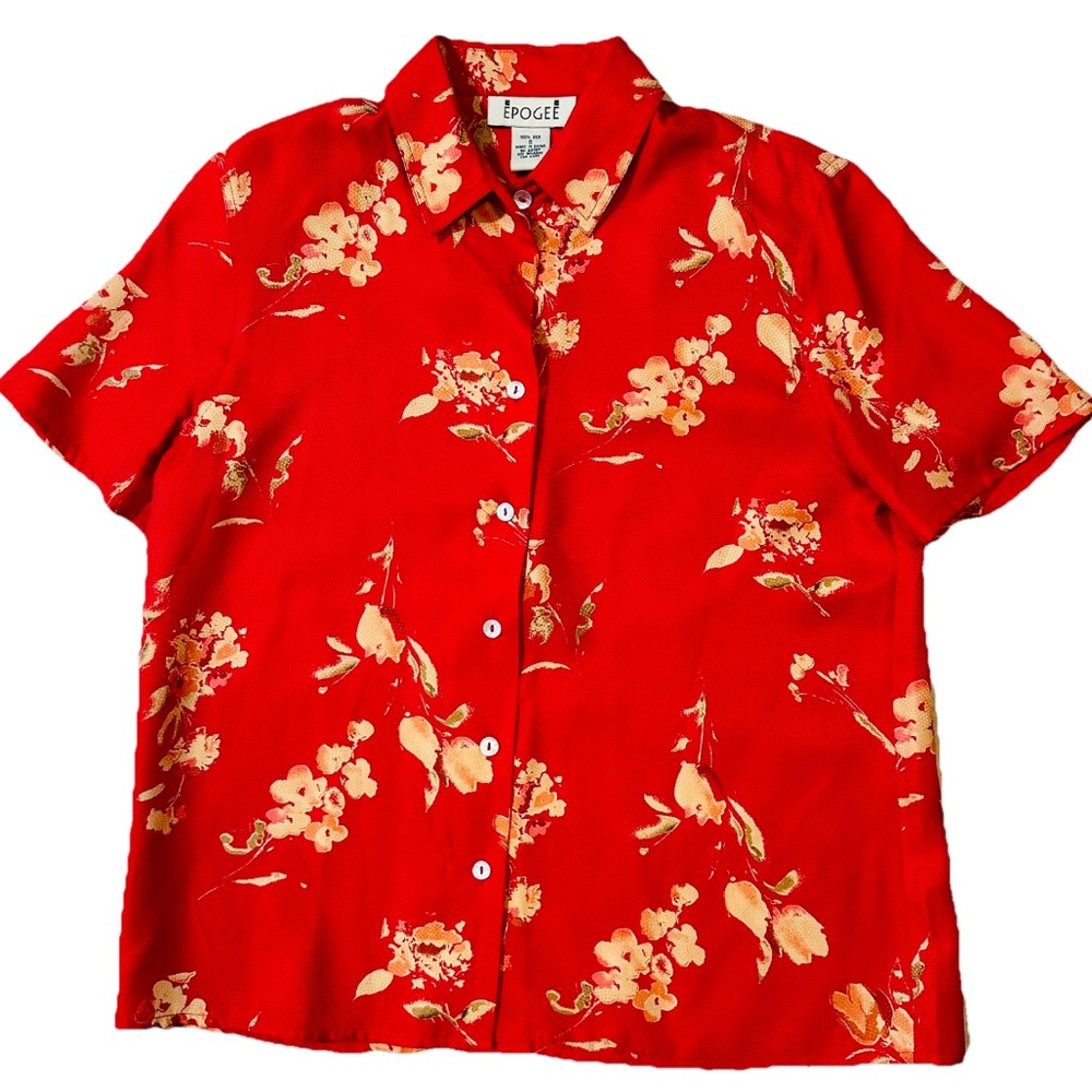 VTG Epogee 100% Silk Red Floral Blouse S Kawaii Tropical Travel Fluid Drape Soft